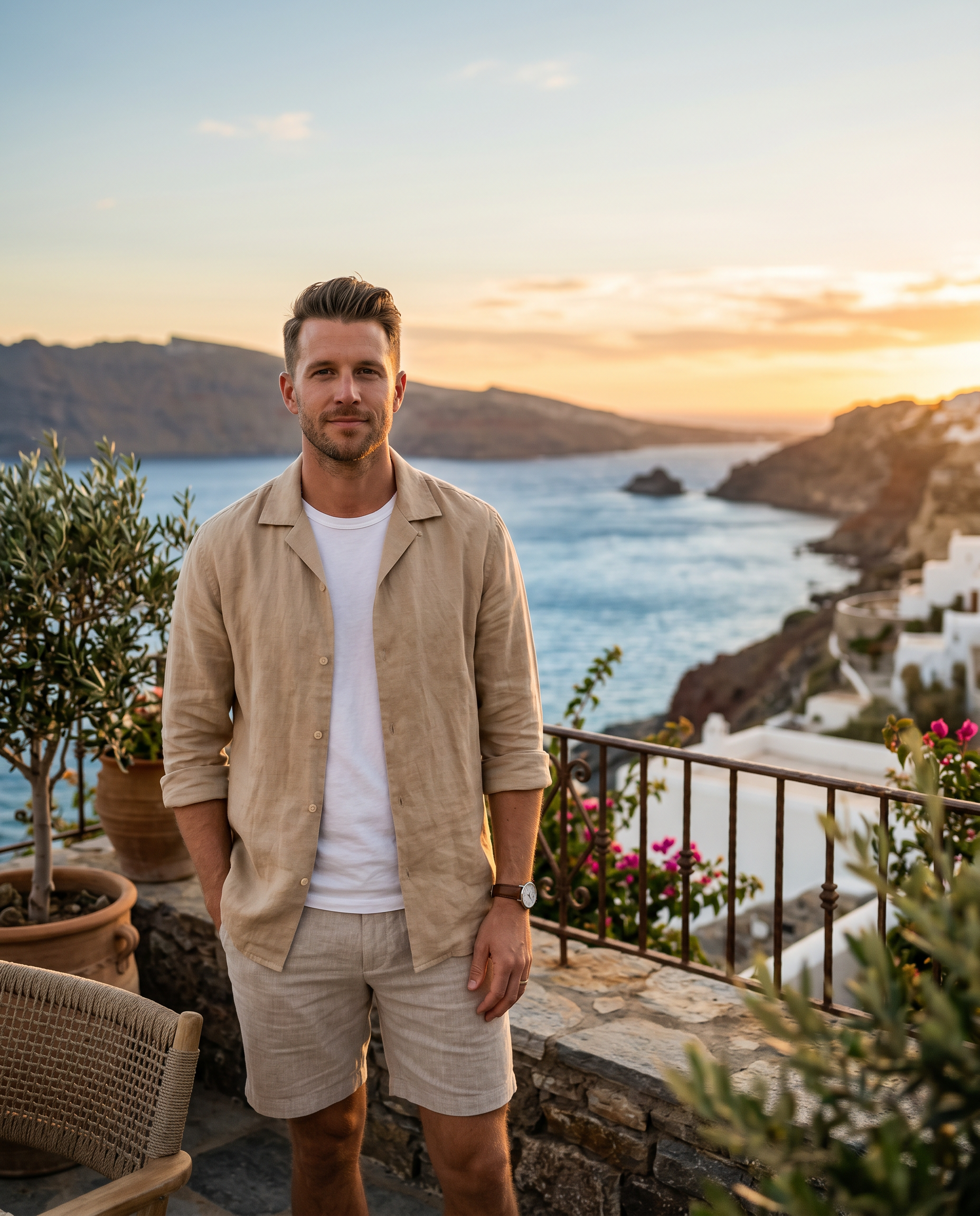 Valrox Summer Capsule — linen menswear on a coastal resort terrace