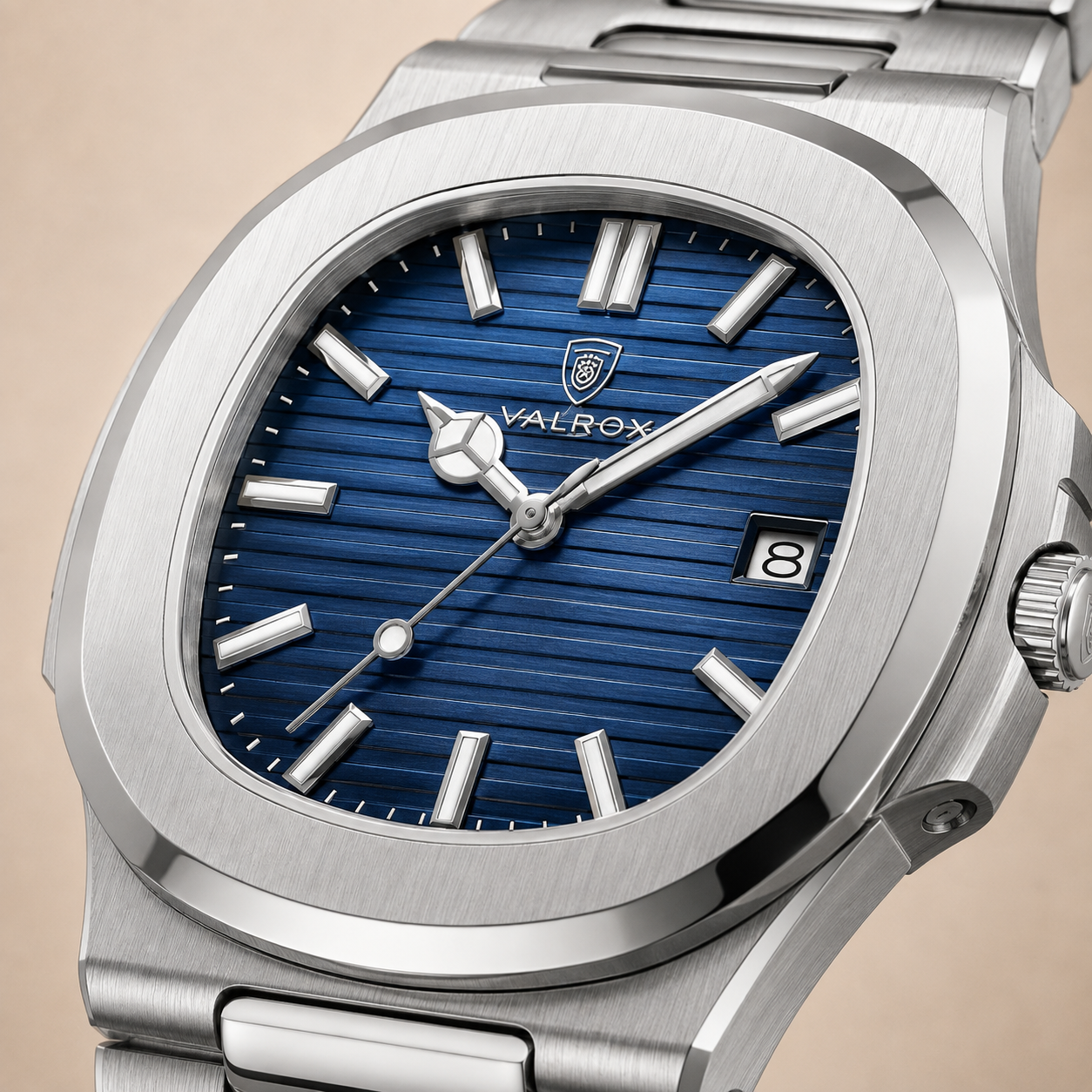 Close-up of the blue dial and polished steel bezel of the VALROX GENEVE dress watch