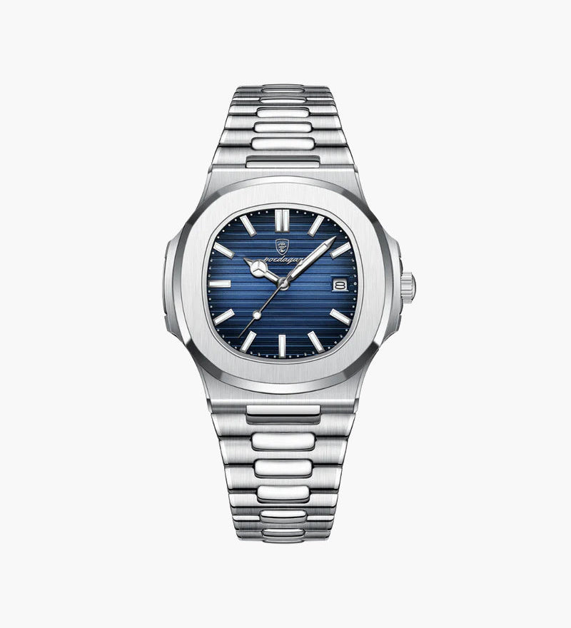 VALROX GENEVE men's steel dress watch with a blue dial on an integrated stainless steel bracelet