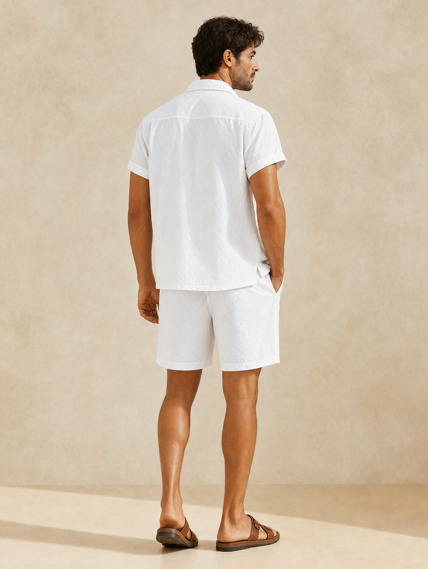 Men's white summer two-piece set - back view fit