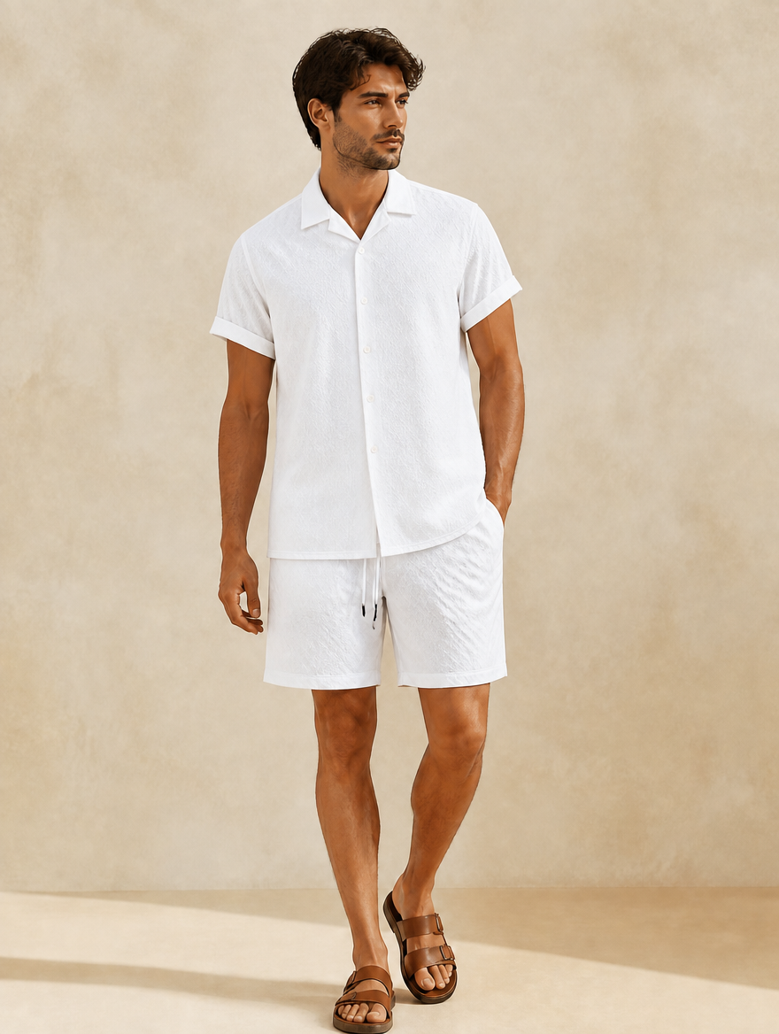 Men's white summer two-piece set - short-sleeve shirt and shorts, front