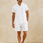 Men's white summer two-piece set - short-sleeve shirt and shorts, front