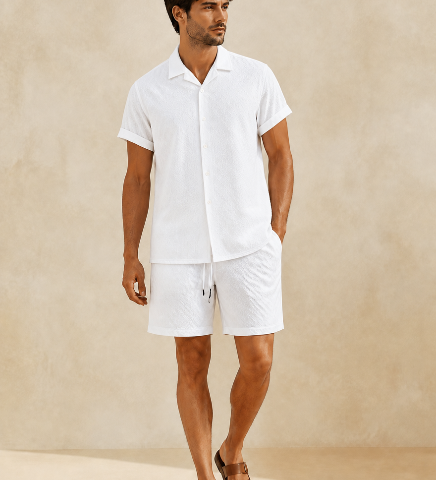 Men's white summer two-piece set - short-sleeve shirt and shorts, front