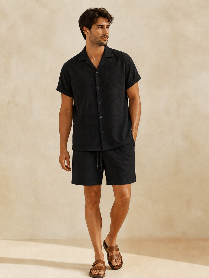 Men's black summer two-piece set - short-sleeve shirt and shorts