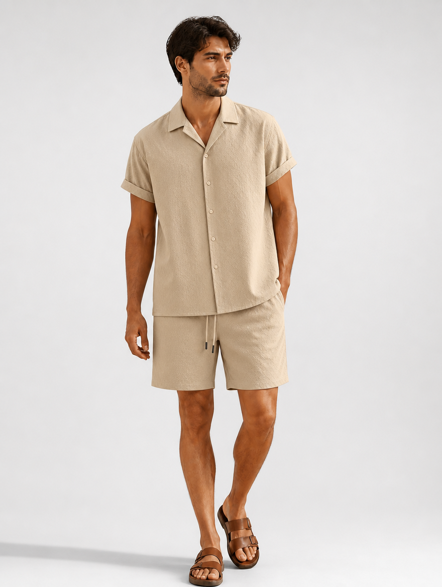 Men's khaki summer two-piece set - short-sleeve shirt and shorts