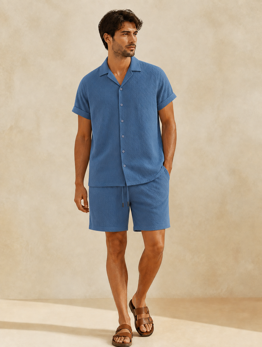 Men's blue summer two-piece set - short-sleeve shirt and shorts