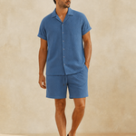 Men's blue summer two-piece set - short-sleeve shirt and shorts